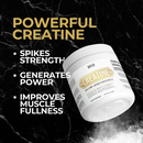 Muscle Growth and Performance: Close-up of Creatine Monohydrate powder, emphasizing its role in enhancing exercise performance and muscle protein synthesis.